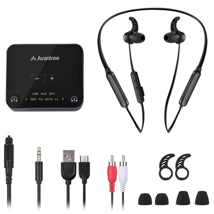 Avantree HT4186 Wireless Neckband Headphones for TV, PC with Bluetooth Transmitter (Optical, RCA, AUX). Plug & Play, No Delay, Great for Seniors.
