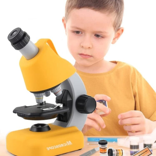 STEM microscope for kids beginner microscope with 40x - 1200x magnification children's microscope LED light science kit for students toy for kids boys girls age 6+ yellow