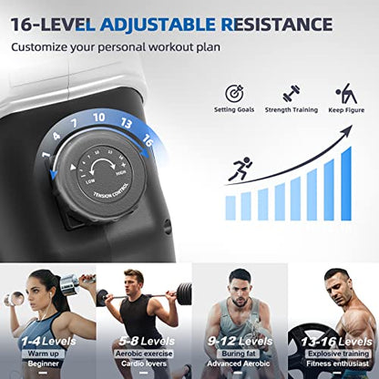 Neezee rowing machine with 16-level magnetic resistance, super quiet rowing machine with LCD display, aluminum slide rail and tablet holder, upgraded home rowing machine, black.