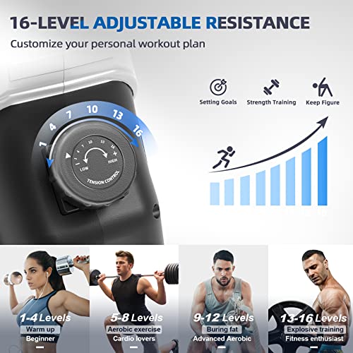 Neezee rowing machine with 16-level magnetic resistance, super quiet rowing machine with LCD display, aluminum slide rail and tablet holder, upgraded home rowing machine, black.