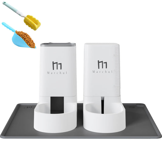 Automatic cat feeder, 2.1kg cat food dispenser and 3.8L dog water dispenser, no electricity needed, travel feeder for cats and water dispenser (food dispenser & feeding mats)