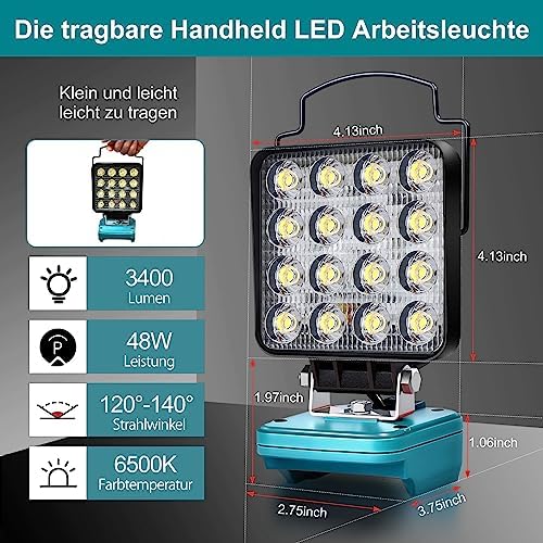 Edtran battery lamp for Makita 18V, 48W cordless LED work light battery, bright LED spotlight portable floodlights construction lamp, battery spotlight with Type C and USB charging (NMTZFDTS4IN)