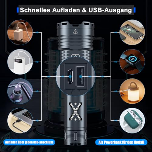 Amzyigou LED torches with 150000 lumens, Xhp160.5 rechargeable, powerful tactical torches with zoom, waterproof, torch gadgets for men, 6 modes for camping and emergencies.