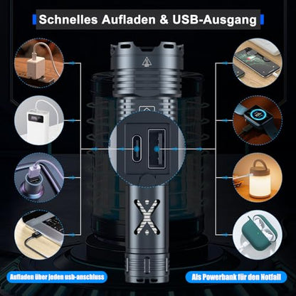 Amzyigou LED torches with 150000 lumens, Xhp160.5 rechargeable, powerful tactical torches with zoom, waterproof, torch gadgets for men, 6 modes for camping and emergencies.