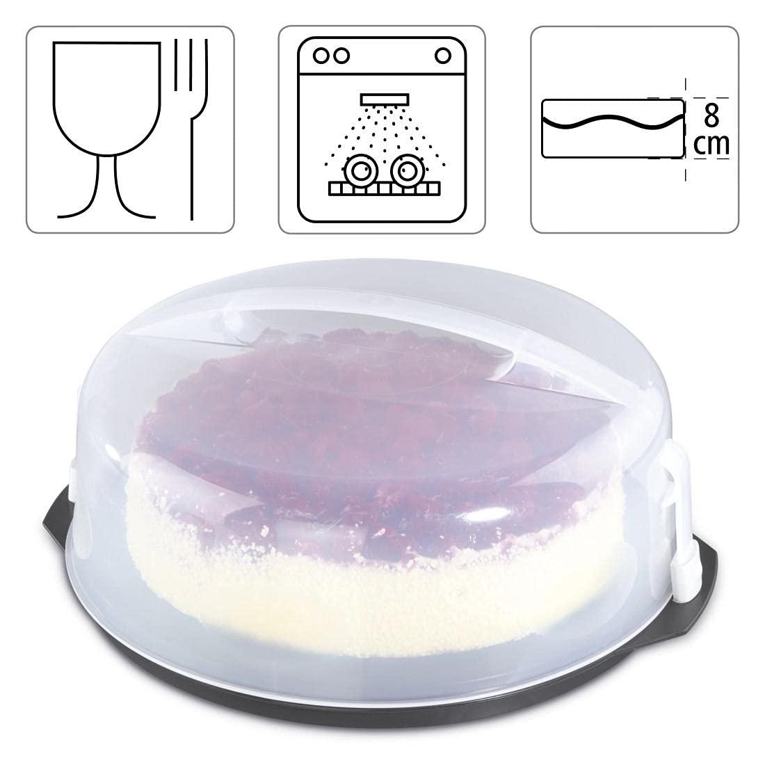 Xavax Cake Transport Box round with lid Cake container 31.5 cm diameter, inner height 8 cm, Cake box with slice division aid, cake plate anthracite, Transparent