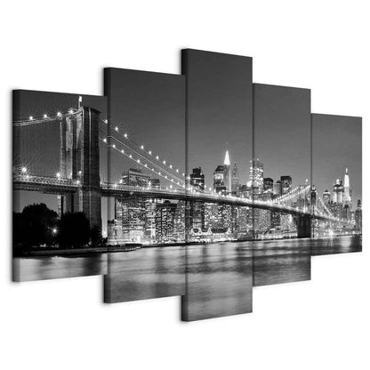 murando - Wall art XXL New York City 100x50 cm 5 pcs wall decor canvas pictures large wall decoration living room picture bedroom art prints - Skyline Brooklyn Bridge City Night Manhattan Grey 030211-51