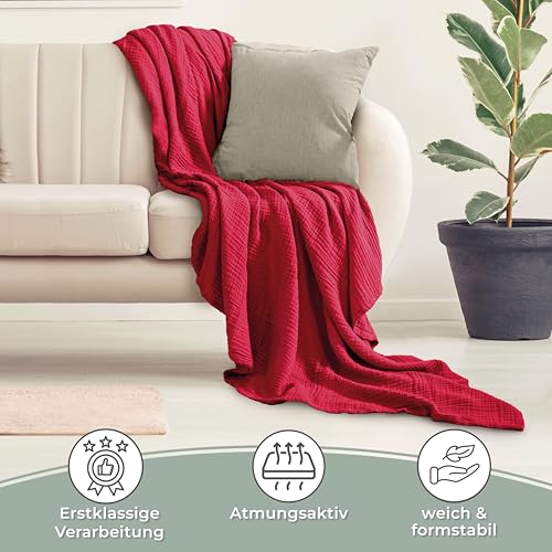 LAYNENBURG Premium Muslin Daybed 180x220 cm - 100% cotton - extra soft cotton blanket as a cuddly blanket, bedspread, sofa throw, couch throw - warm sofa blanket (Bordeaux)