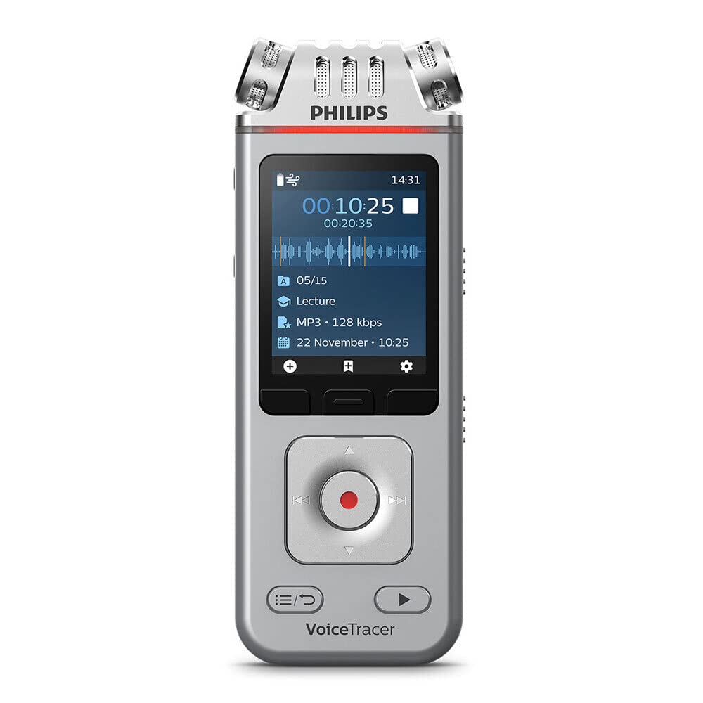 Philips VoiceTracer Audio Recorder DVT4110 digital dictation device for lectures and interviews, 3 high-fidelity microphones, 8GB, smartphone app (Android/iOS)