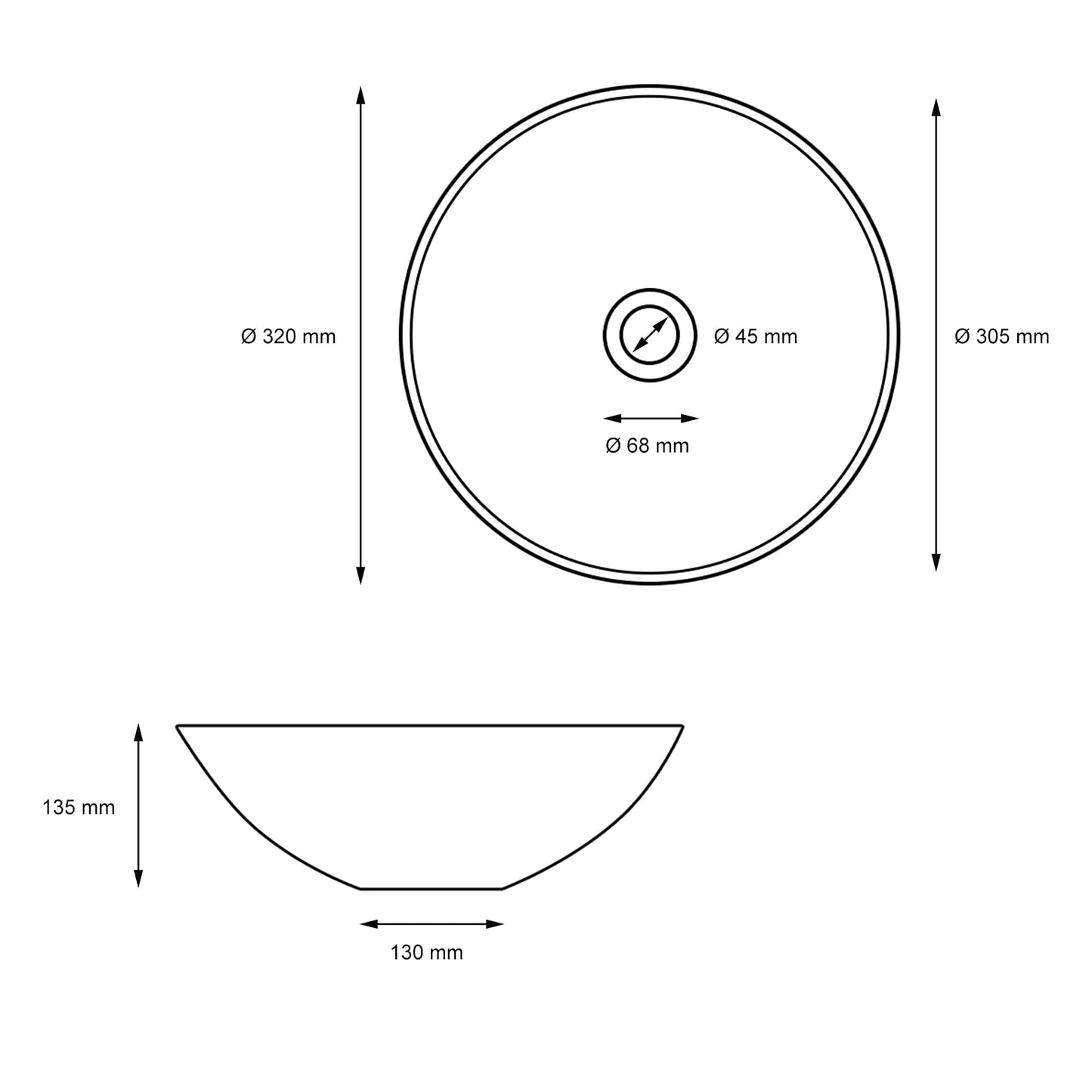 ML-Design Ceramic Basin in Matte Black Ø32x13.5cm Round incl. Drain without Overflow, Modern Countertop Washbasin Washbowl Washplace Handwashbasin, for Bathroom/Guest WC.