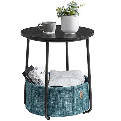 VASAGLE Side Table Round, Small Table, Small Coffee Table, Living Room Table, Fabric Basket, Storage for Living Room or Bedroom, Modern Nightstand, Ebony Black and Turquoise Blue LET223B56
