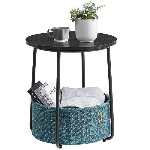 VASAGLE Side Table Round, Small Table, Small Coffee Table, Living Room Table, Fabric Basket, Storage for Living Room or Bedroom, Modern Nightstand, Ebony Black and Turquoise Blue LET223B56