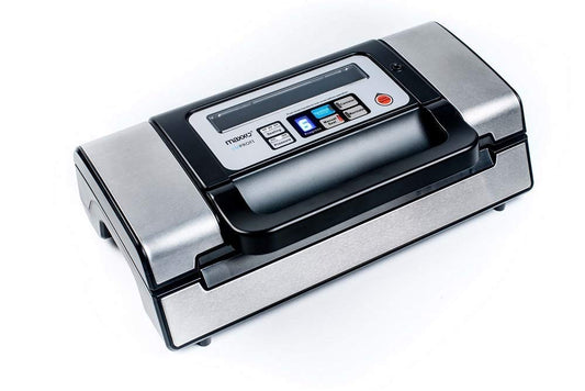 Maxxo VM Pro Professional Vacuum Sealer with double sealing seam, 20 l/min. vacuum pump, 900 mbar sealing pressure, for food vacuum sealing in stainless steel.