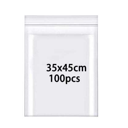 100 pieces of zipper bags 350mmX450mm resealable 160μm waterproof plastic bags with zip lock closure. Can hold clothing, shoes, scarves, and gloves.