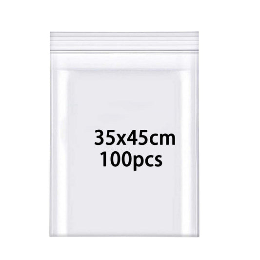 100 pieces of zipper bags 350mmX450mm resealable 160μm waterproof plastic bags with zip lock closure. Can hold clothing, shoes, scarves, and gloves.