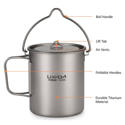 Lixada Ultralight Titanium Pot 750 ml Camping Frying Pan, foldable handle with lid for outdoor portable camping picnic water cup.