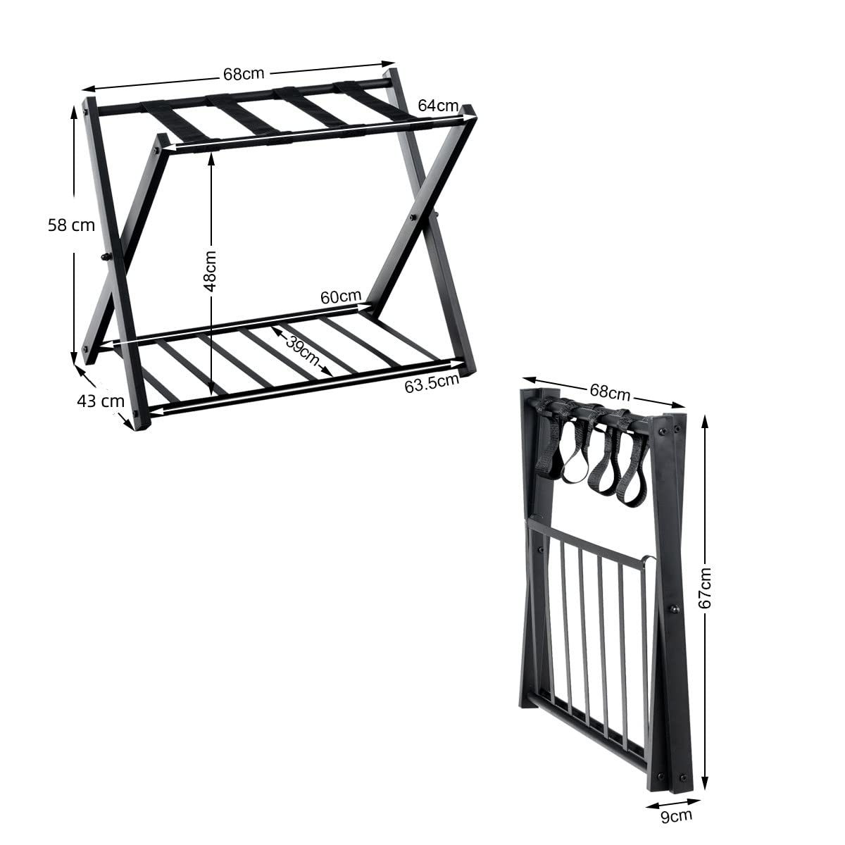 GYMAX Folding Luggage Rack, Double-Layer Luggage Stand with 4 sturdy straps & 2-tier design, luggage shelf supports up to 60 kg, luggage rack for guest room & hotel (1, Black)