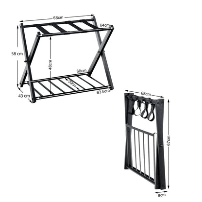 GYMAX Folding Luggage Rack, Double-Layer Luggage Stand with 4 sturdy straps & 2-tier design, luggage shelf supports up to 60 kg, luggage rack for guest room & hotel (1, Black)