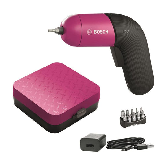 Bosch Home and Garden cordless screwdriver IXO (6th generation, pink, integrated battery with micro-USB charger, variable speed control, in storage box), (L x W x H) 155 x 48 x 126 mm