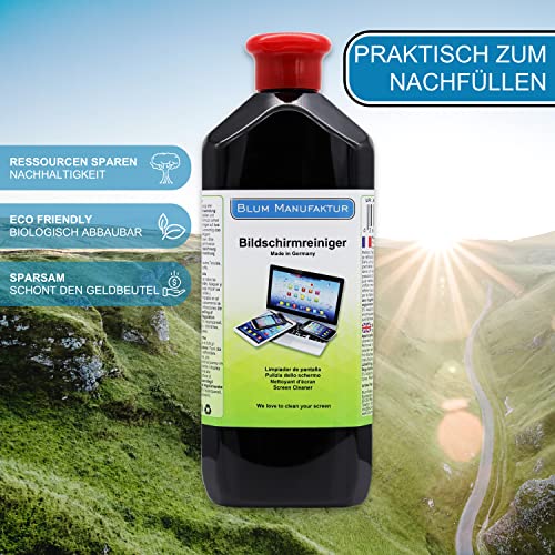 BLUM MANUFACTURE - 500 ml Screen Cleaner refill bottle + microfiber cloth 30 x 30 cm - Screen Cleaner - PC Cleaner - Monitor Cleaner - Made in Germany