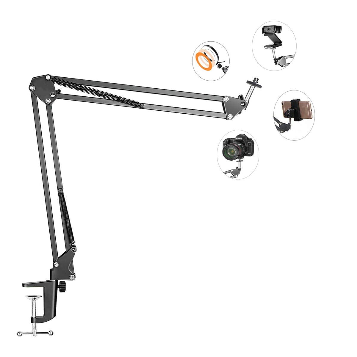 Overhead stand for camera webcam ring light, flexible overhead arm for iPhone with phone holder, table stand accessory for phone video recording live stream.