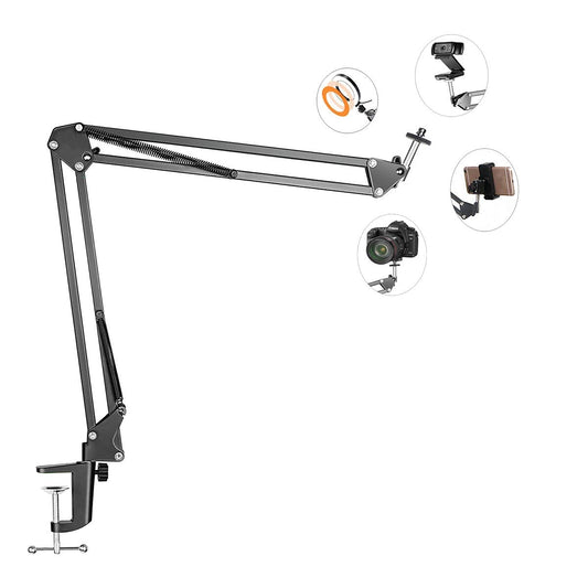 Overhead stand for camera webcam ring light, flexible overhead arm for iPhone with phone holder, table stand accessory for phone video recording live stream.