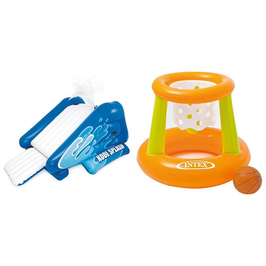 Intex 58849 - Inflatable water slide, 135 x 81 x 50 inches & Water play Floating Hoops, Multicolored, Ø 67 x 55 cm