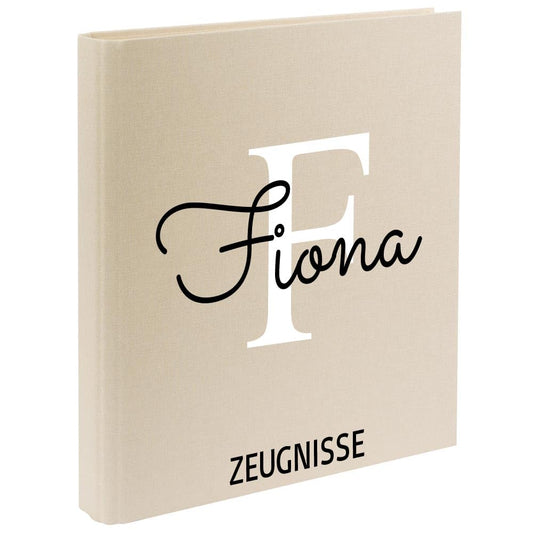 Personalized linen report card folder with name for school child. Light beige with letter motif, perfect gift for starting school.