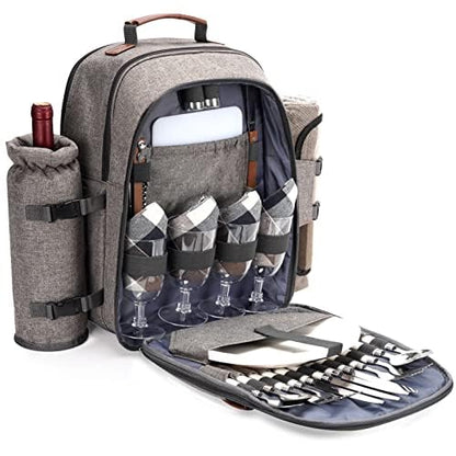 ZORMY picnic backpack set for 4 people with cooler compartment, picnic bag with waterproof pocket, insulated bottle/wine holder, fleece blanket, and camping utensils, perfect for couples as a wedding anniversary gift.