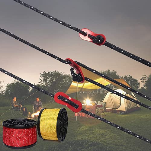 HIKIMAN 50m reflective guyline, sturdy braided nylon camping rope with aluminum tensioner, adjuster, tent accessory for outdoor travel, hiking, backpacking, and water activities.