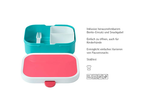 Mepal - Campus Lunchbox - Bento Lunchbox for Kids - Lunchbox with Bento Compartment & Fork - Meal Prep Box with Clip Closure - BPA-free & Dishwasher Safe - 750 ml - Turquoise with Pink Lid