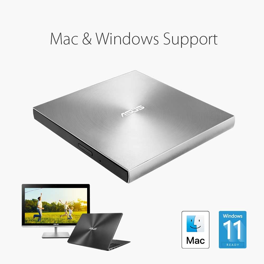 Asus ZenDrive U9M external DVD burner (for Apple MacBook & Windows PCs/Notebooks, incl. USB-C cable, burning software & Nero Backup App, M-Disc support, USB 2.0) silver