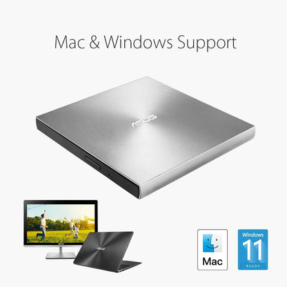 Asus ZenDrive U9M external DVD burner (for Apple MacBook & Windows PCs/Notebooks, incl. USB-C cable, burning software & Nero Backup App, M-Disc support, USB 2.0) silver