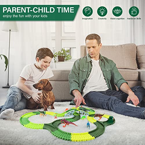 Kizplays 260pcs Car Racing Track 6 Cars Excavator Toy from Toy Cars Highway from 3 4 5 6 Years Boys Girls, Flexible Track Crane Games, Electric Car Racing Track for Kids (Green)