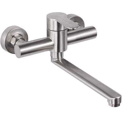 Wall-mounted stainless steel kitchen faucet, 360° rotatable, cold and hot water mixer, swivel arm 23cm, brushed.