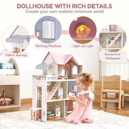 Giant wooden dollhouse, 80cm tall, with elevator, doorbell, lights, 15 furniture pieces, and 3 dolls. Toy gift for girls ages 3+.