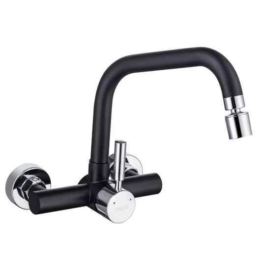 ONCE Wall Mounted Kitchen Faucet with 2 spray modes, Kitchen Faucet Wall Mounted with 360° swivel spout, Mixer Tap Wall Faucet with Modern Design, Black.