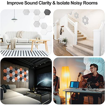 JBER Hexagon Acoustic Panels, soundproof foam panels, self-adhesive, 35.6 x 30.5 x 1cm, high-density sound-absorbing panels for acoustic treatment, home office, 12 pieces - silver gray