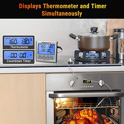 ThermoPro TP17 Digital Meat Thermometer with Dual Probe, Large LCD Backlight, Food Grill Thermometer with Timer Mode for Smoker, Kitchen, Oven, BBQ, Silver