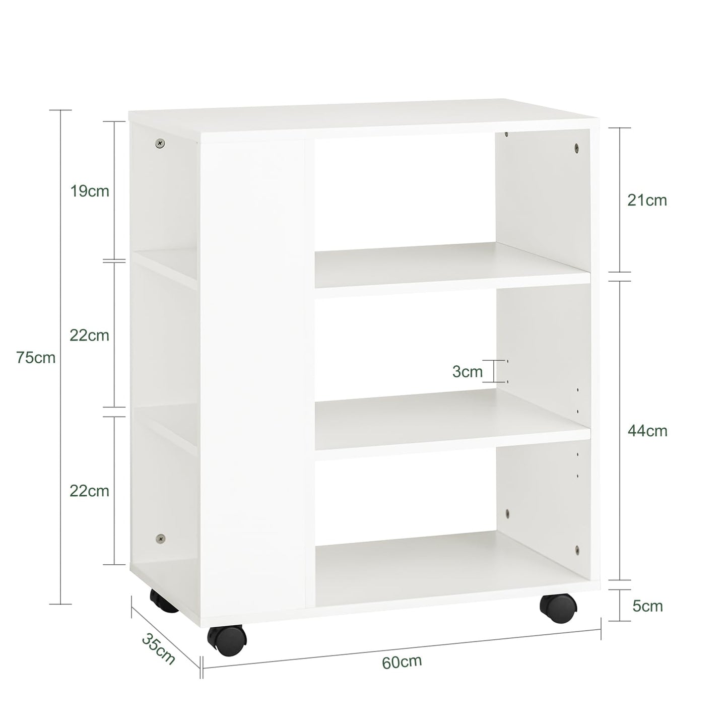 SoBuy Printer Cabinet with Wheels - Stable printer table, roll container, desk base cabinet, printer cabinet, side table with wheels for office & home office White 60x75x35cm FBT68-W