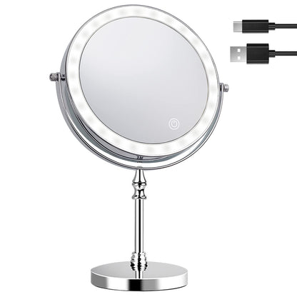 Amelar makeup mirror with lights, 1X/10X magnification, 2000mAh rechargeable battery, 3 colors dimmable, 360° swivel double-sided makeup mirror, tabletop mirror.