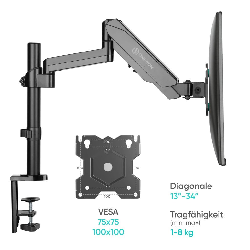 ONKRON PC monitor stand vertical for 13-34 inch screen up to 8 kg, monitor desk mount VESA 75x75 & 100x100 - screen mount 1 monitor swivel arm tilt rotation Black G70-B
