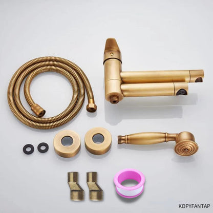 KOPYFANTAP Retro bathtub faucet with handheld shower brass antique, wall-mounted bathtub mixer tap shower set, 90° rotatable spout 15cm.
