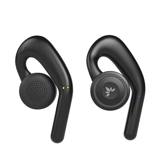 Avantree TWS116 - Wireless open-ear headphones with Bluetooth and charging station, noise cancellation, mono and stereo modes, and secure, non-adjustable ear hooks.