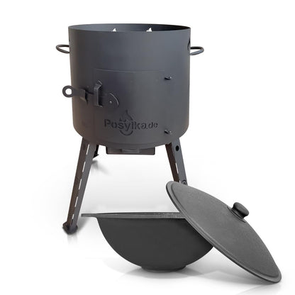 Utschak fire pit with cast iron pot flat bottom with lid 12 L Ø 40 cm Kazan Учаг Uchag казан Kasan Oven (Set 1)