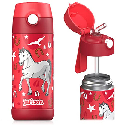 Jarlson® Kids Stainless Steel Water Bottle CHARLI with Straw - Thermos Flask 350ml - TÜV tested - BPA free - leak-proof - Thermal Water Bottle for School, Kindergarten (Horse)