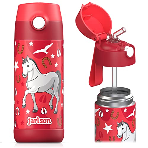 Jarlson® Kids Stainless Steel Water Bottle CHARLI with Straw - Thermos Flask 350ml - TÜV tested - BPA free - leak-proof - Thermal Water Bottle for School, Kindergarten (Horse)