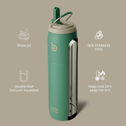 Insulated water bottle Stainless steel 32oz(946ml) with straw handle for sports, travel, gym, double-wall leakproof, BPA-free (Green)