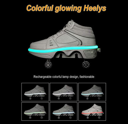 Roller shoes with LED lights 4-wheel adjustable skates Hidden wheel running shoes for play for men, women, and children.