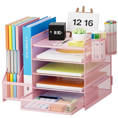 Marbrasse Desk Organizer with File Holder, 5 Compartments, Paper and Letter Tray, with Drawer and 2 Pen Holders, Mesh, Storage with Magazine Rack for Office Supplies, Pink