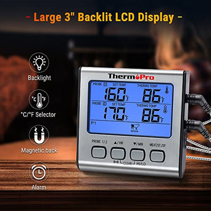ThermoPro TP17 Digital Meat Thermometer with Dual Probe, Large LCD Backlight, Food Grill Thermometer with Timer Mode for Smoker, Kitchen, Oven, BBQ, Silver